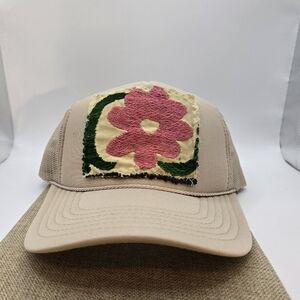 Tan Trucker Hat with Pink Floral Patch